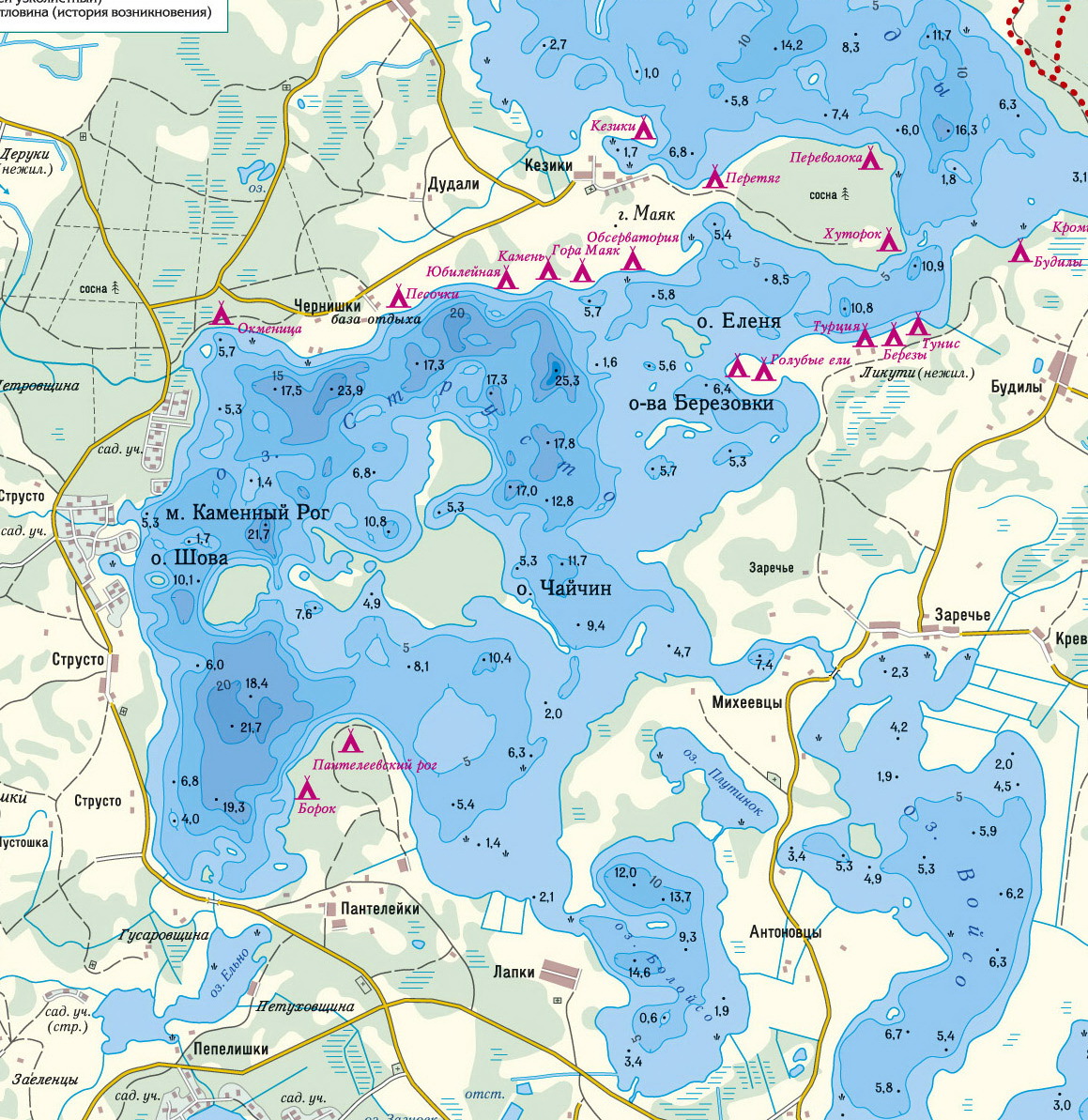 Карта озера Струсто с глубинами